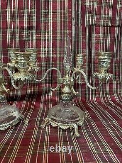 Pair Of 10 1/2 Antique Glass 3 Light Candelabras Rock Crystal Inserts Signed