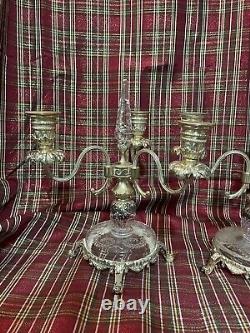 Pair Of 10 1/2 Antique Glass 3 Light Candelabras Rock Crystal Inserts Signed