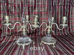 Pair Of 10 1/2 Antique Glass 3 Light Candelabras Rock Crystal Inserts Signed