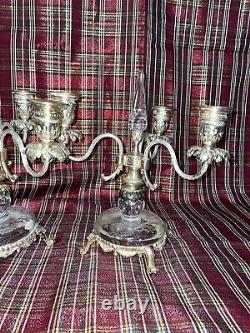 Pair Of 10 1/2 Antique Glass 3 Light Candelabras Rock Crystal Inserts Signed