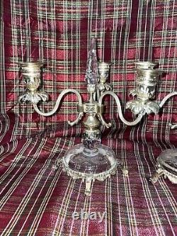 Pair Of 10 1/2 Antique Glass 3 Light Candelabras Rock Crystal Inserts Signed