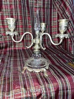 Pair Of 10 1/2 Antique Glass 3 Light Candelabras Rock Crystal Inserts Signed