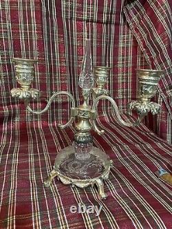 Pair Of 10 1/2 Antique Glass 3 Light Candelabras Rock Crystal Inserts Signed