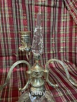 Pair Of 10 1/2 Antique Glass 3 Light Candelabras Rock Crystal Inserts Signed