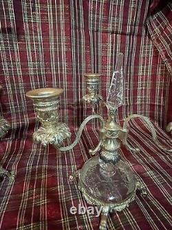 Pair Of 10 1/2 Antique Glass 3 Light Candelabras Rock Crystal Inserts Signed