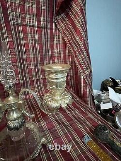 Pair Of 10 1/2 Antique Glass 3 Light Candelabras Rock Crystal Inserts Signed