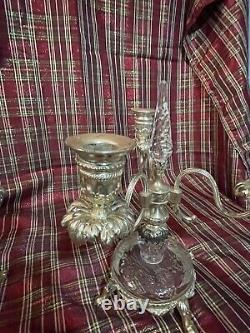 Pair Of 10 1/2 Antique Glass 3 Light Candelabras Rock Crystal Inserts Signed