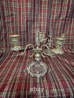 Pair Of 10 1/2 Antique Glass 3 Light Candelabras Rock Crystal Inserts Signed