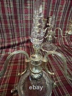 Pair Of 10 1/2 Antique Glass 3 Light Candelabras Rock Crystal Inserts Signed