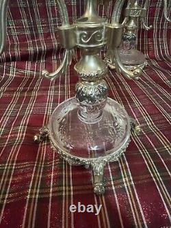 Pair Of 10 1/2 Antique Glass 3 Light Candelabras Rock Crystal Inserts Signed