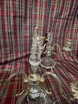 Pair Of 10 1/2 Antique Glass 3 Light Candelabras Rock Crystal Inserts Signed