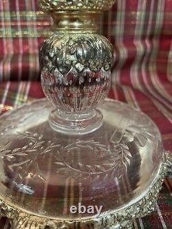 Pair Of 10 1/2 Antique Glass 3 Light Candelabras Rock Crystal Inserts Signed