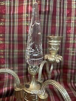 Pair Of 10 1/2 Antique Glass 3 Light Candelabras Rock Crystal Inserts Signed