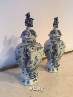 Pair Of 18th C. White And Blue Signed Delft Ribbed Jars