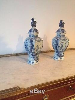 Pair Of 18th C. White And Blue Signed Delft Ribbed Jars