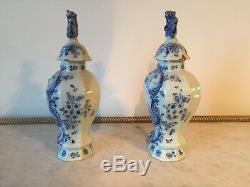 Pair Of 18th C. White And Blue Signed Delft Ribbed Jars