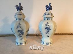 Pair Of 18th C. White And Blue Signed Delft Ribbed Jars