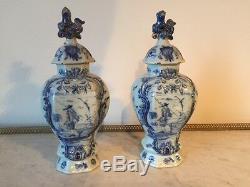 Pair Of 18th C. White And Blue Signed Delft Ribbed Jars