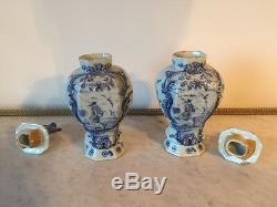 Pair Of 18th C. White And Blue Signed Delft Ribbed Jars