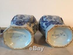 Pair Of 18th C. White And Blue Signed Delft Ribbed Jars