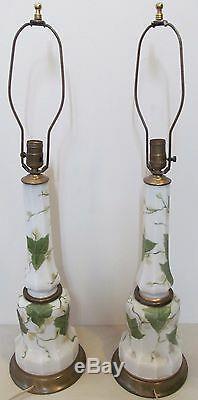 Pair Of 1930's Bristol Glass Hand Painted Antique Lamps Artist Signed Peerl