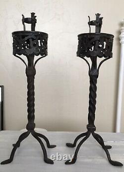 Pair Of Antique 13 Wrought Iron Candlestick Candle Holder Signed Rare Folk Art
