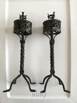 Pair Of Antique 13 Wrought Iron Candlestick Candle Holder Signed Rare Folk Art