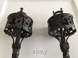 Pair Of Antique 13 Wrought Iron Candlestick Candle Holder Signed Rare Folk Art