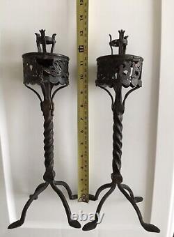 Pair Of Antique 13 Wrought Iron Candlestick Candle Holder Signed Rare Folk Art