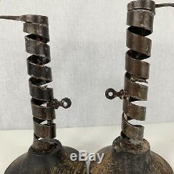 Pair Of Antique 18th C Signed Spiral Pigtail Candlesticks Wrought Iron & Wood