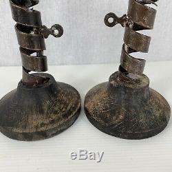 Pair Of Antique 18th C Signed Spiral Pigtail Candlesticks Wrought Iron & Wood