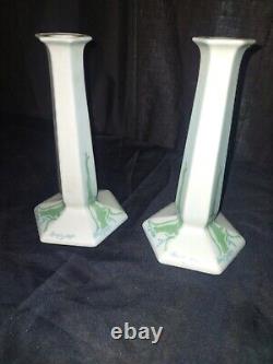 Pair Of Antique American Belleek Lenox Candle Stick Holder Hand Painted Signed