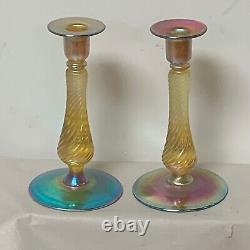 Pair Of Antique Art Glass Candlesticks Signed Kew Blas