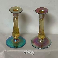 Pair Of Antique Art Glass Candlesticks Signed Kew Blas