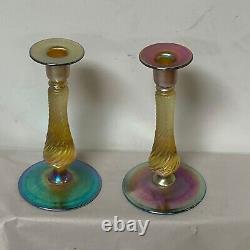 Pair Of Antique Art Glass Candlesticks Signed Kew Blas