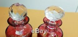 Pair Of Antique Baccarat Perfume Bottles Cranberry Cut To Clear Signed