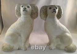 Pair Of Antique Chalkware Seated Facing Spaniels Dogs Folk Art Signed Eb 1903