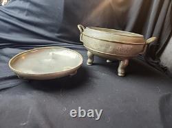 Pair Of Antique Chinese Pewter Covered Serving Dishes 2 Pieces Footed SIGNED