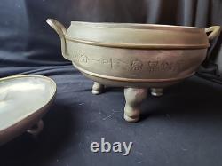 Pair Of Antique Chinese Pewter Covered Serving Dishes 2 Pieces Footed SIGNED
