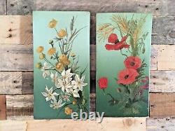 Pair Of Antique Edwardian Tin Panel Still Life Paintings Of Flowers Signed E. D
