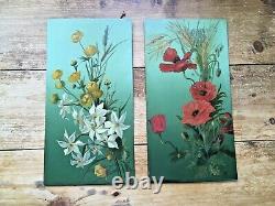 Pair Of Antique Edwardian Tin Panel Still Life Paintings Of Flowers Signed E. D