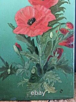 Pair Of Antique Edwardian Tin Panel Still Life Paintings Of Flowers Signed E. D