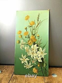 Pair Of Antique Edwardian Tin Panel Still Life Paintings Of Flowers Signed E. D