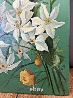 Pair Of Antique Edwardian Tin Panel Still Life Paintings Of Flowers Signed E. D