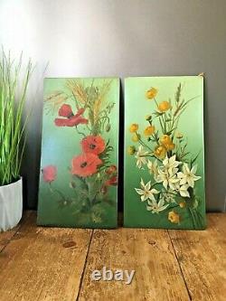 Pair Of Antique Edwardian Tin Panel Still Life Paintings Of Flowers Signed E. D