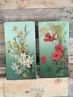 Pair Of Antique Edwardian Tin Panel Still Life Paintings Of Flowers Signed E. D