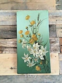 Pair Of Antique Edwardian Tin Panel Still Life Paintings Of Flowers Signed E. D