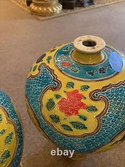 Pair Of Antique Fahua Colored Porcelain Signed Blue And Yellow Vases