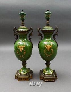 Pair Of Antique French Sevres Style Hand Painted Signed Porcelain Bronze Urns