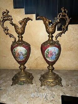 Pair Of Antique French porcelain Vases with brass handles signed